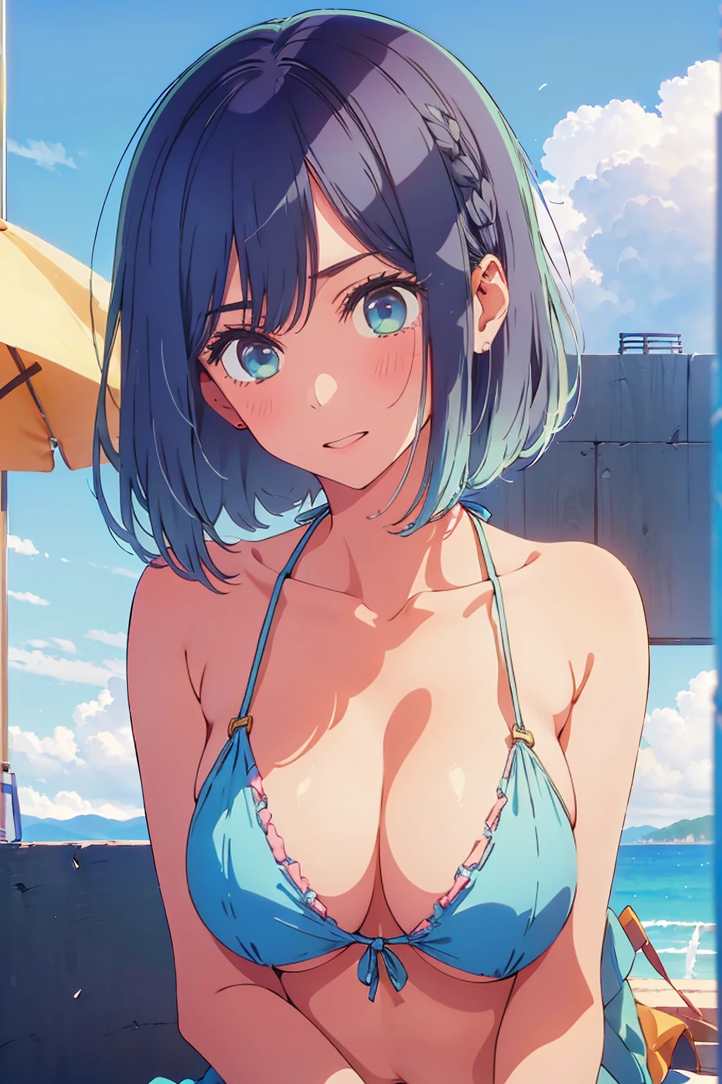 (Highest quality:1.4、masterpiece:1.4、Super detailed:1.4、Ultra-high resolution:1.4、8K:1.4)、Slim body、Big Breasts、((((1 person、Surprised expression、In the background are the urban buildings of Tokyo、looking at the camera、Seaside café terrace、Photographing the upper body、Very cute face))))、((((nude、very beautiful areola))))、(Pose with hair tucked behind ear with one hand:1.4)、(bikini)、valley、Nipples、Very blue sky、A completely cloudless sky