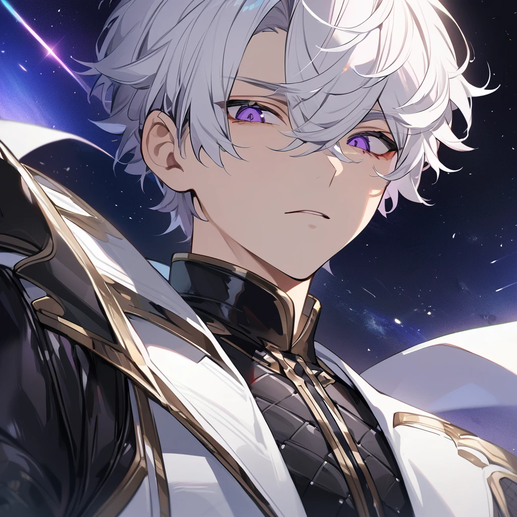 High quality, HD, 4k, no shadows, handsome male, 1male, , teenager, go lining, short white hair, sharp eyes, dark purple eyes, deep purple eyes, devil may cry, close up, calm expression, stoic expression, black leather clothes, white leather clothing, lean body, well trained body, upper body, looking at viewer, cowboy shot, white solar, space background