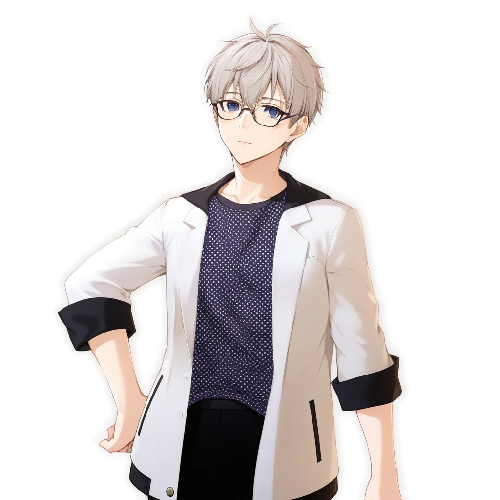 Anime-style image of a man wearing glasses and a white jacket, akihiko yoshida 8 k, Live2D Virtual Youtuber Model, akihiko yoshida!, Single character full body, toru narita, !!Full body portrait!!, Official character art, kaworu nagisa, Single character, makoto shinka, Kentaro Miura Style