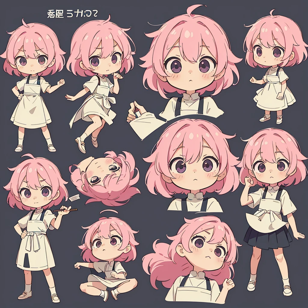 (Little、Chibi character、male、maleキャラ、Concept Sheet、Stick out your palm、Have banknotes、Acrobatic pose、Top view):2.0、(Ultra HD、Very detailed、Highest quality、Detailed face):1.5、apron、Simple and casual clothing、Pink Hair、Messy Hair