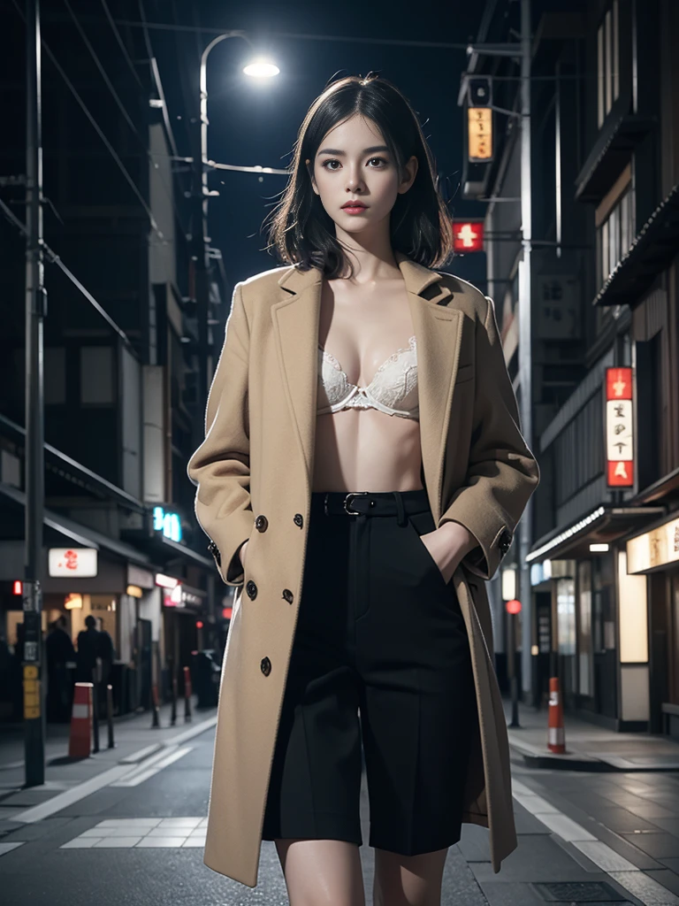 Long Shot, Thin legs, Full body image, bra, Beautiful girl with realistic black eyes, Pale skin, Medium length black hair, Perfect Face, Perfect Eyes, Wearing a coat, Very detailed, Overall Movie, Digital Painting, 8K, Cinema Lighting, Highest quality, High resolution, Detailed work, Post-processing, Perfect results, Ultra-realistic, Tokyo Night