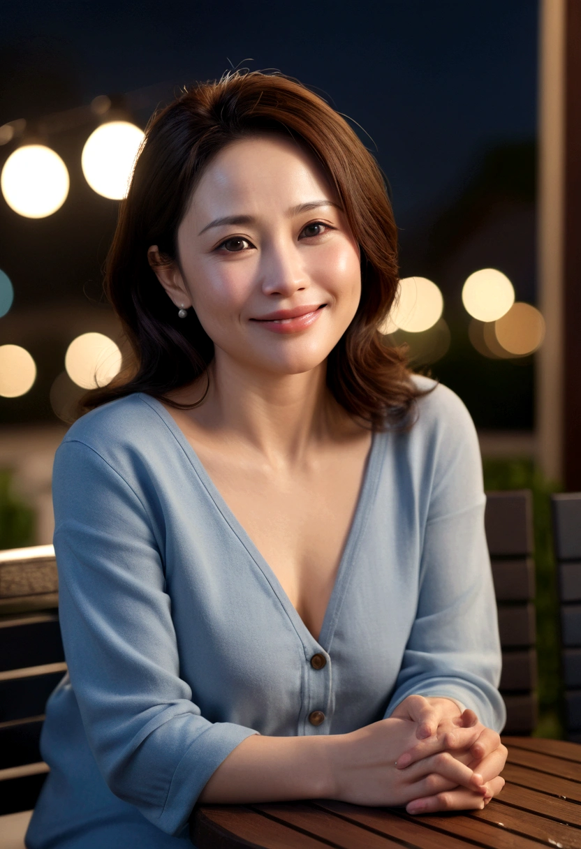 (8K, RAW Photos, Highest quality, masterpiece:1.2), (Realistic, photo-Realistic:1.37), Super detailed, 45 years old,1 female,round face,cute, alone,Talking,night,Sitting,Date,(smile:1.1),(Reduce skin exposure)