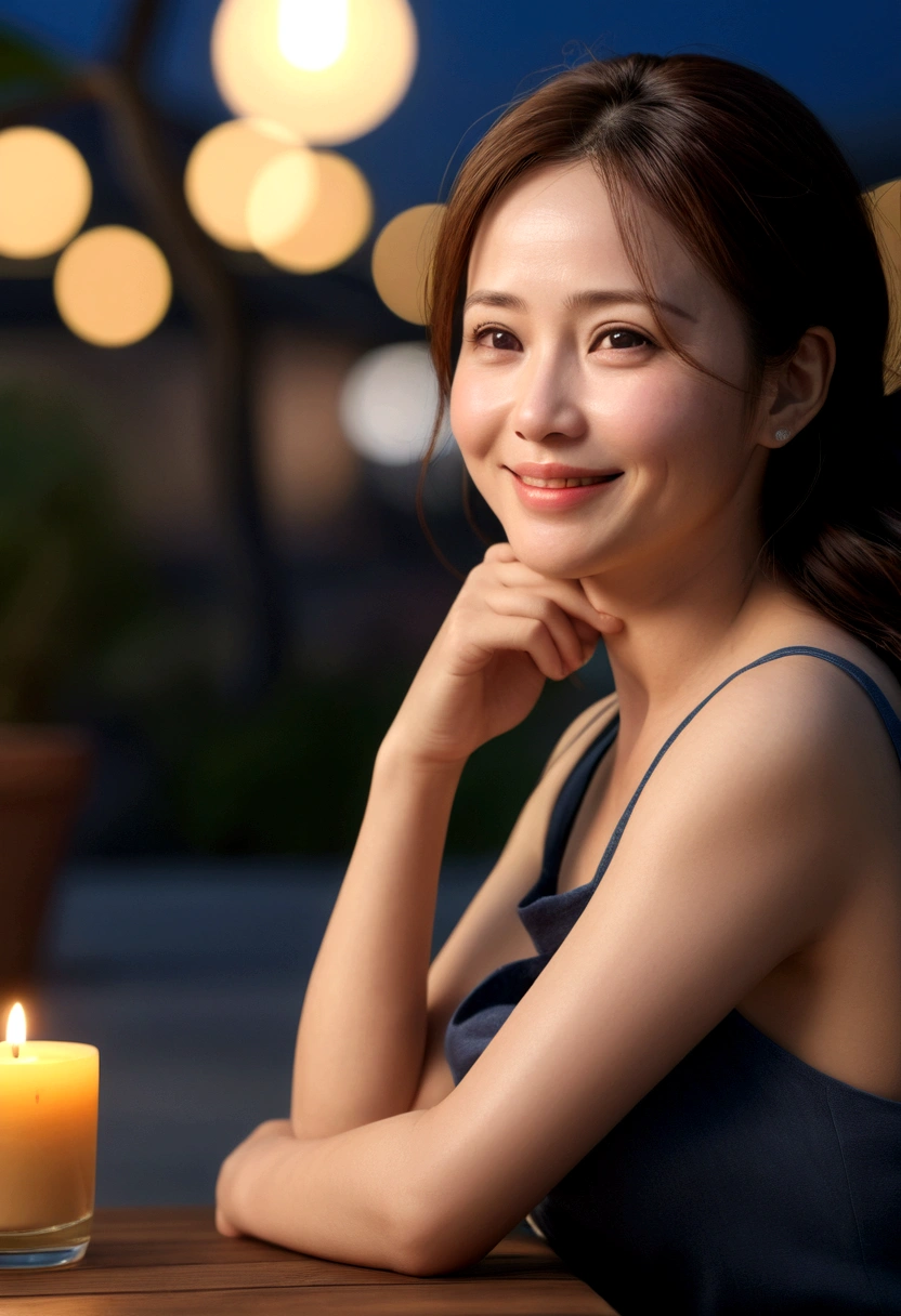 (8K, RAW Photos, Highest quality, masterpiece:1.2), (Realistic, photo-Realistic:1.37), Super detailed, 45 years old,1 female,round face,cute, alone,Talking,night,Sitting,Date,(smile:1.1),(Reduce skin exposure)