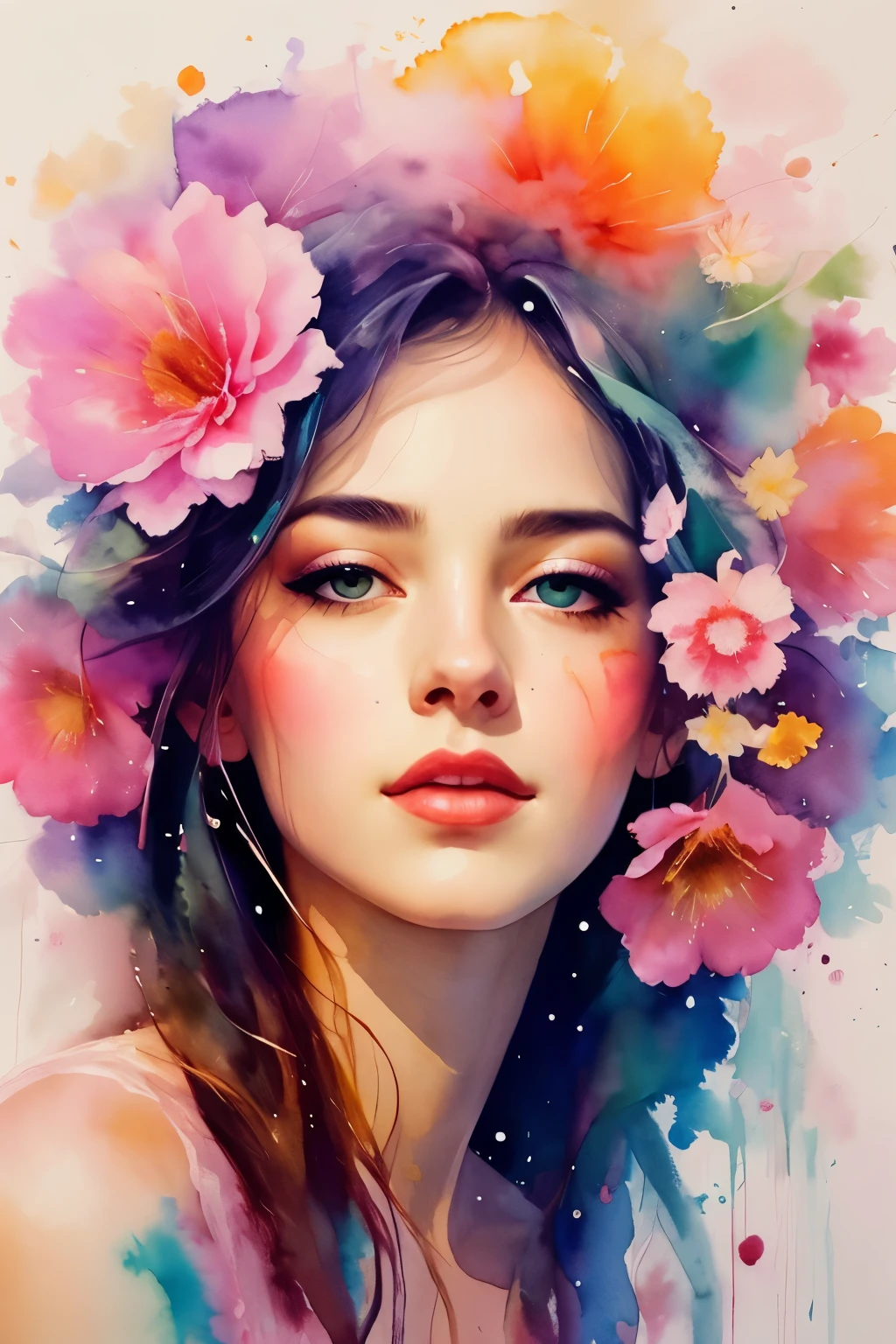 an abstract watercolor painting by agnes cecile，Depicts the fusion of a woman and a flower, Luminous design, Soft colors, Ink drops, summer lights, Double contact, artistic, Aesthetic, Unique