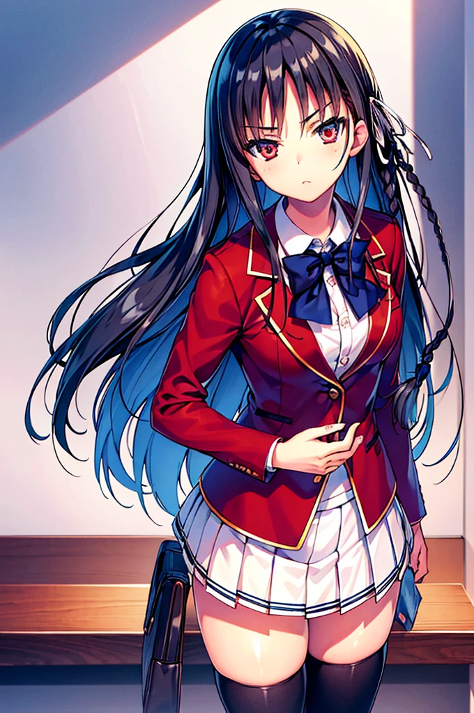masterpiece, best quality, high resolution, best illustration, super fine illustration, (official art:0.7), anime screencap, detailed beautiful face and eyes, anime keyvisual, (perfect anatomy:1.5), 8k portrait, 
1girl,
Suzune Horikita, 
Suzune Horikita \(youjitsu\),
long hair, braid, 
black hair, 
(red eyes:1.2), slant eyes, small eyes, 
blue bow, 
medium breasts, 
(school uniform, red jacket, white skirt, pleated skirt, black thigh-high socks),
looking at viewer, 
cowboy shot, 
perfect light, background of indoors, 