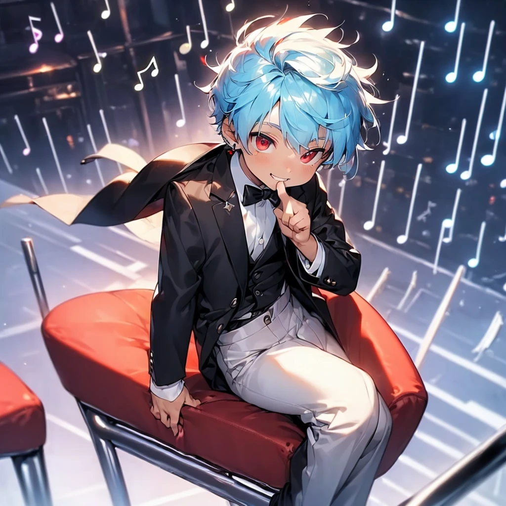 (solo:2.5), (boldline:-1.7), (put index finger on mouth:1.5), (floating musical notes:1.7), (sitting on red chair:1.5), (((fang))), (((best finger))), BREAK (best quality:1.5), (absolutely resolution:1.5), (ultra detailed:1.5), (masterpiece:1.5), (perfect face), (detailed face), (detailed eyes:1.3), (best eyes), (cute face), (shota:2), BREAK (tuxedo:1.5), (bulge:1.6), (skinny:1.3), BREAK (light blue hair:1.5), (spiked hair), (wine red eyes:1.4), (eyes with highlight:1.6), ((mole under eye)), (sweaty skin), (grin:1.5), ((earrings)), (shiny skin:1.3), BREAK (concert hall:1.5), (spot light:1.3), (at concert), (many people), ((wind blowing)), frow below, close up,