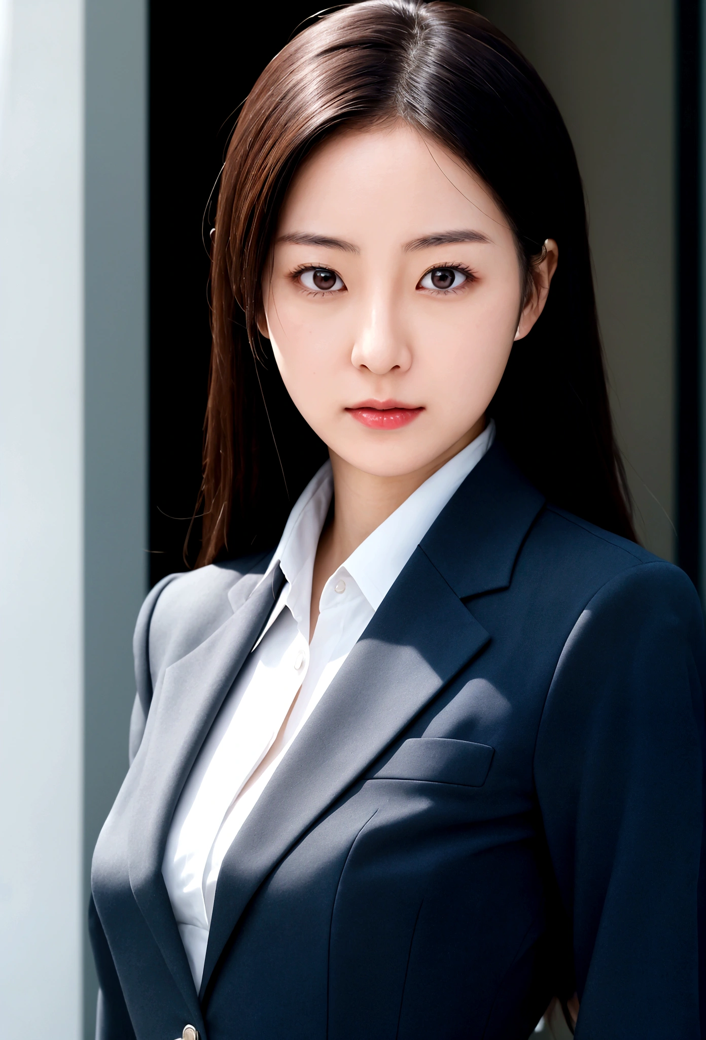 Japanese career woman in business suit. Upper body only, eyes and body facing front, Age 35. banker, in charge of accounting.