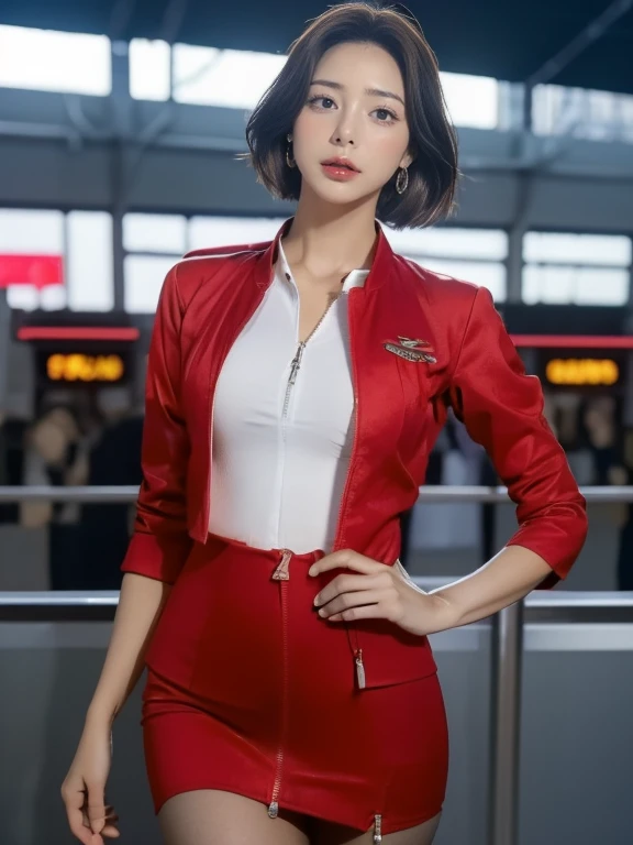(masterpiece:1.2, highest quality:1.2), 32k HDR, High resolution, (alone, 1 girl), （Realistic style of AirAsia stewardess uniform）, neat woman, beautiful face, brown hair, (long hair down to waist), (red jacket:1.1, Unzipped jacket, unbuttoned white shirt:1.05, red mini skirt:1.1, pantyhose), perfect slim body:1.1, huge , Huge  cleavage, detailed skin texture, fine eyes, (fascinating look:1.2), necklace、earrings、(forward leaning posture:1.5, in an airport, London , Heathrow airport,blue eyes