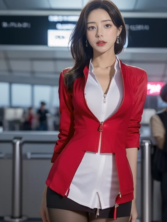 1girl, solo, breasts, looking at viewer, short hair, black hair, standing, cowboy shot, red gross lips, realistic.,Ava (masterpiece, highest quality, 32k HDR, High resolution, (alone, 1 girl), （Realistic style of AirAsia stewardess uniform）, neat woman, beautiful face, (red jacket, Unzipped jacket, unbuttoned white shirt, red mini skirt,pantyhose), perfect slim body, huge breasts, detailed skin texture, fine eyes, (fascinating look), earrings、(cowboy shot posture, in an airport, Tokyo , Narita airport,