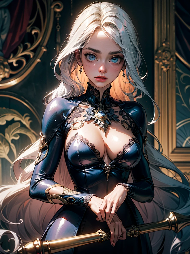 tmasterpiece, hiquality, low agle, Enigmatic, Martian Knightly Fashion, real breasts, big bright blue eyes, gorgeous body, very very long white hair, poster, Transcendental Charm, enchanted, Knightcore Fashion, Secret atmosphere of the best quality, hiquality, absurdress, Masterpiece, Beautiful, intricate details, 1/2 Body trimming, (intricate details:1.12), HDR, (intricate details, hyper-detailing:1.15), (natural skin textures, hyper realisitc, soft light, Sharp:1.2) sultry look, seductive