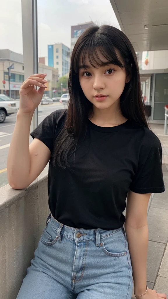 Beauty。White brown skin。Small Mouth。cheek。bangs。Black Hair。Plain white T-shirt。Regular jeans。21 years old。beautiful。round face。A neat nose。