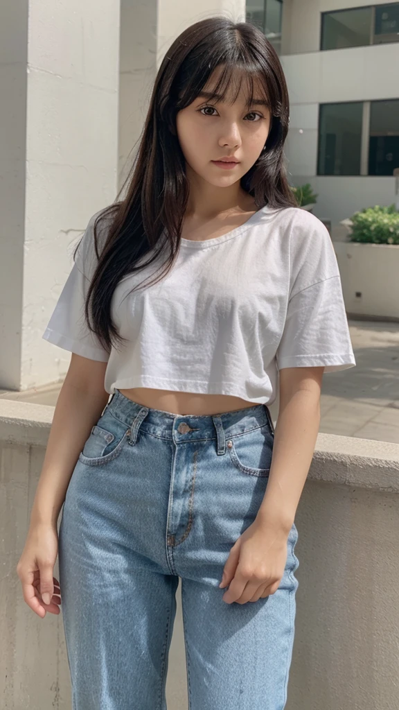 Beauty。White brown skin。Small Mouth。cheek。bangs。Black Hair。Plain white T-shirt。Regular jeans。21 years old。beautiful。round face。A neat nose。