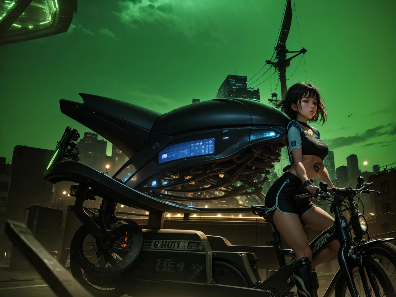 an girl rides a bicycle, dolphin shorts, A complex machinery structure in a futuristic city