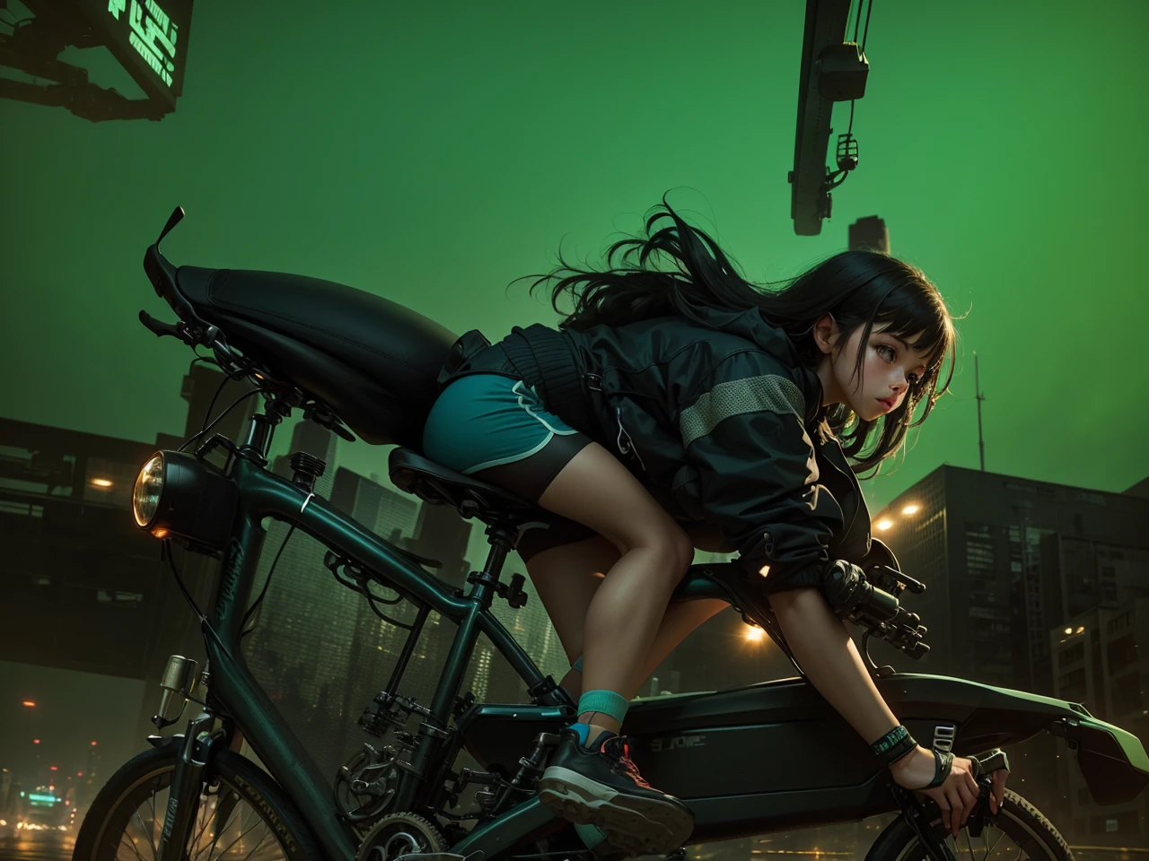 an girl rides a bicycle, dolphin shorts, A complex machinery structure in a futuristic city