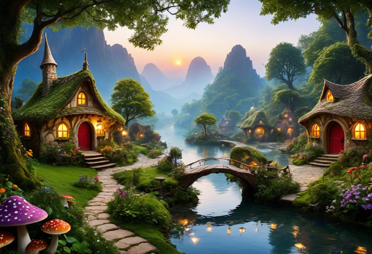(best quality, 4k, 8k, highres, masterpiece:1.2), ultra-detailed, (realistic, photorealistic, photo-realistic:1.37), a charming fairy village at night, enchanted forest, magical creatures, glowing mushrooms, whimsical treehouses, lush greenery, dainty flowers, serene atmosphere, fairy dust, ethereal beings, peaceful lakeside, cobblestone pathways, celestial stars, stunning architecture, magical bridges, mystical fog, harmonious colors, surreal ambiance, enchanted music, fairytale-like cottages, hidden nooks and crannies, whispering winds, secretive entrances, hidden treasures, magical doorways, lively marketplace, elaborate costumes, vibrant market stalls, dreamy reflections in the water, fairy wings, index: above-average, dream-like, imagination, stardust magic, tranquil haven