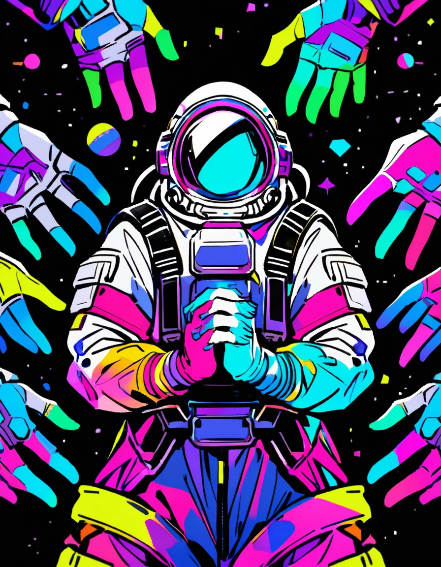 an astronaut, black background, front view, prayer with both hands, black and white image, neon color