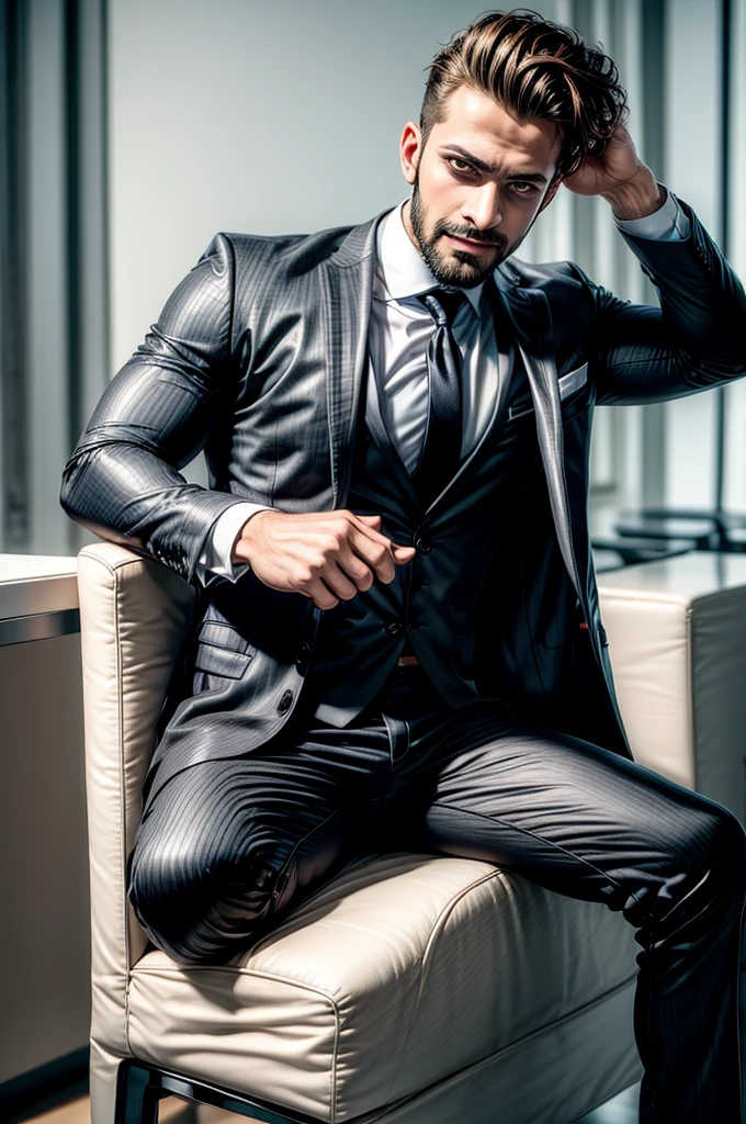 Rana, en haut、Faire un bel homme de 30 ans dans un costume noir et une cravate, PDG, cheveux et barbe bruns, (Homme en costume noir et cravate), ), (Utilisez une barbe,) Attractive and serious look