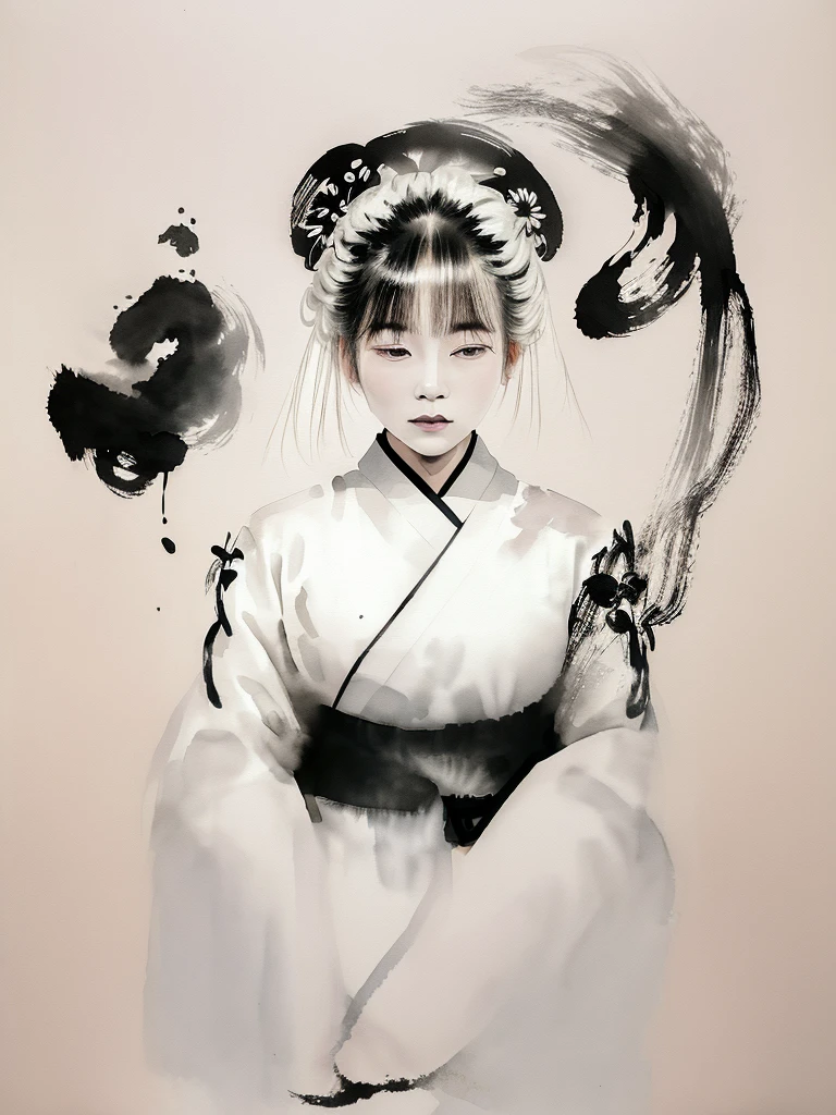 zydink, black and white, ink sketch, 1 woman, Asian (old woman), (white hair), gentle expression, kind, sewing, long hair, hanfu, Chinese clothes, long sleeves, (splash of ink Abstract: 1.2) White background