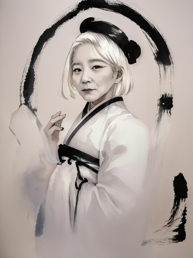 zydink, black and white, ink sketch, 1 woman, Asian (old woman), (white hair), gentle expression, kind, sewing, long hair, hanfu, Chinese clothes, long sleeves, (splash of ink Abstract: 1.2) White background