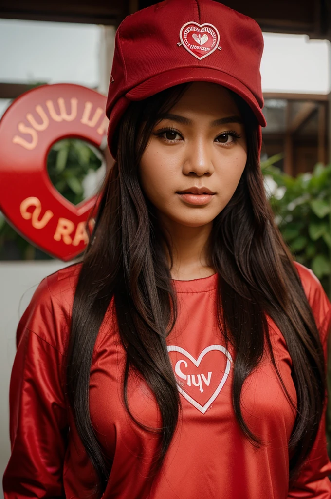 a beautiful Indonesian woman, wearing a red heart hat with the logo "squod chyber brother", long hair, wearing a red heart hat, with the words "nurul alfiah".