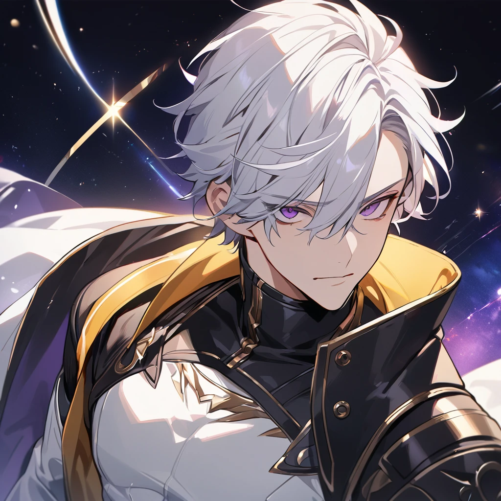 High quality, HD, 4k, no shadows, handsome male, 1male, s old, teenager, golden lining, short white hair, sharp eyes, dark purple eyes, deep purple eyes, devil may cry, close up, calm expression, stoic expression, black leather clothes, white leather clothing, lean body, well trained body, upper body, looking at viewer, cowboy shot, white solar, space background