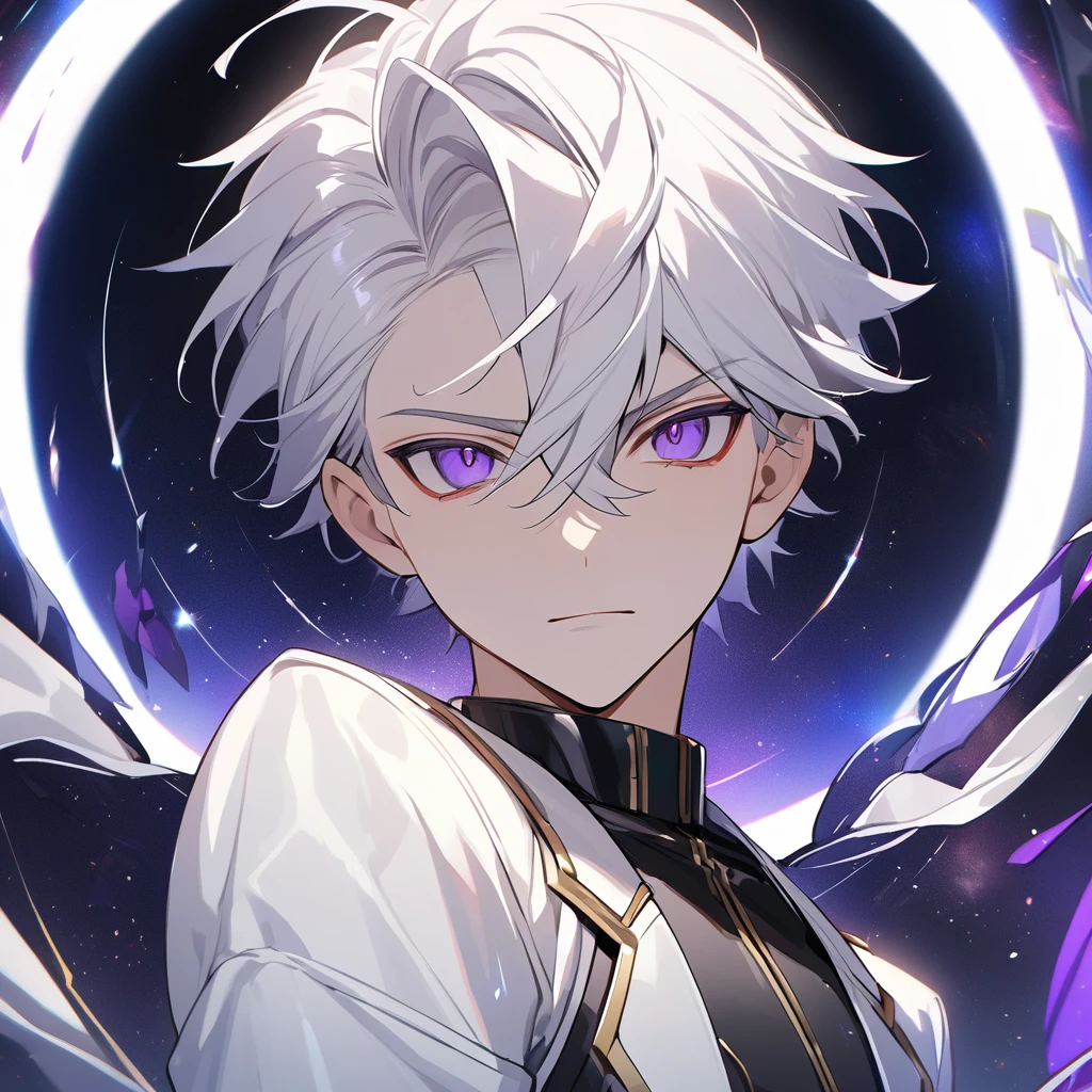 High quality, HD, 4k, no shadows, handsome male, 1male, 17 years old, teenager, golden lining, short white hair, sharp eyes, dark purple eyes, deep purple eyes, devil may cry, close up, calm expression, stoic expression, black leather clothes, white leather clothing, lean body, well trained body, upper body, looking at viewer, cowboy shot, white solar, space background
