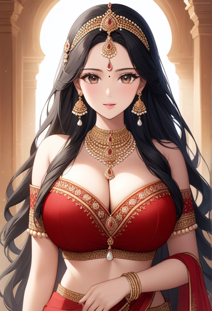 (Top quality, high resolution, accurate, masterpiece, 8k:1.5), (Realistic, Photorealistic:1.3), RAW photo, beautiful princess in indian red gold plated lahenga, necklace, jewelry, hair accessories, long weavy black heavy hair, light makeup, glass skin.,big breasts