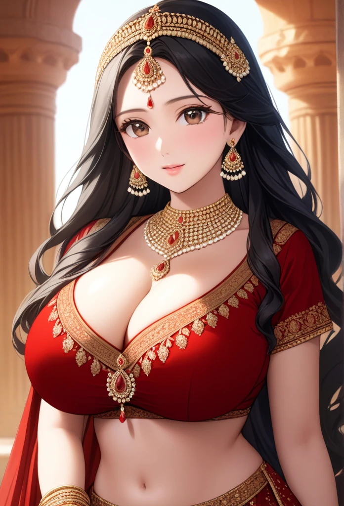 (Top quality, high resolution, accurate, masterpiece, 8k:1.5), (Realistic, Photorealistic:1.3), RAW photo, beautiful princess in indian red gold plated lahenga, necklace, jewelry, hair accessories, long weavy black heavy hair, light makeup, glass skin.,big breasts 