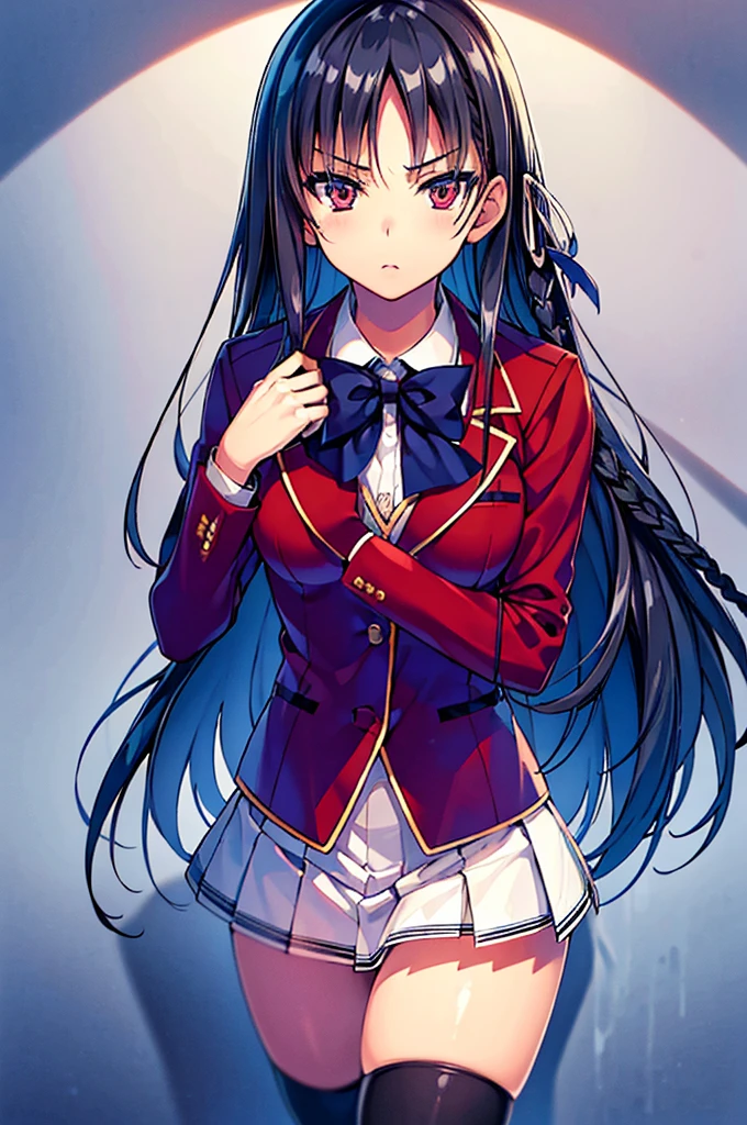 masterpiece, best quality, high resolution, best illustration, super fine illustration, (official art:0.8), anime screencap, detailed beautiful face and eyes, anime keyvisual, (perfect ???????:1.5), 8k portrait, 
1girl,
Suzune Horikita, 
Suzune Horikita \(youjitsu\),
long hair, braid, 
black hair, 
(red eyes:1.2), slant eyes, small eyes, 
blue bow, 
medium breasts, 
(school uniform, red jacket, white skirt, pleated skirt, black thigh-high socks),
looking at viewer, 
cowboy shot, 
perfect light, background of indoors, 