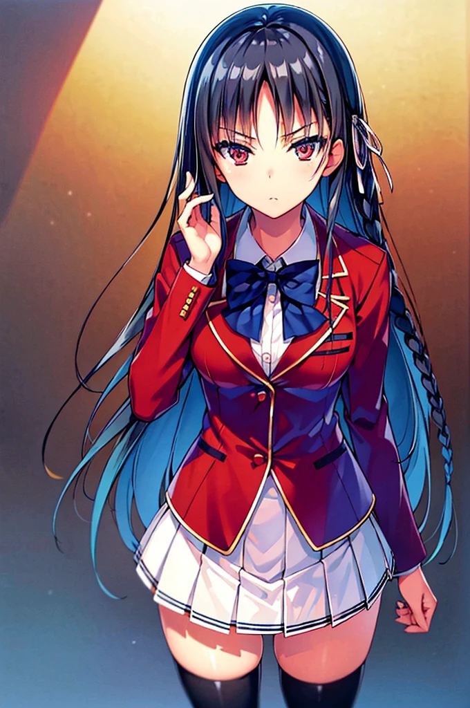masterpiece, best quality, high resolution, best illustration, super fine illustration, (official art:0.8), anime screencap, detailed beautiful face and eyes, anime keyvisual, (perfect ???????:1.5), 8k portrait, 
1girl,
Suzune Horikita, 
Suzune Horikita \(youjitsu\),
long hair, braid, 
black hair, 
(red eyes:1.2), slant eyes, small eyes, 
blue bow, 
medium breasts, 
(school uniform, red jacket, white skirt, pleated skirt, black thigh-high socks),
looking at viewer, 
cowboy shot, 
perfect light, background of indoors, 