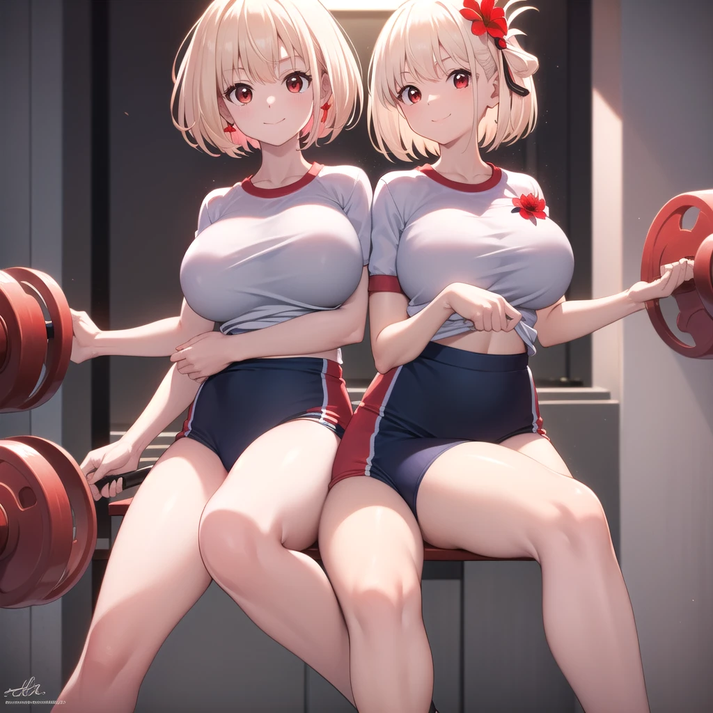 chisatonishikigi, Nishikigi chisato, short hair, bangs, blonde, (Red eyes:1.5), Hair Ribbon, One side up, Bobcut, break ((((((Red flower))))))'(((((White shirt)))))'(((((Gym Wear))))) break outdoors, Athletics, break looking at viewer, break (masterpiece:1.2), Highest quality, High resolution, unity 8k wallpaper, (shape:0.8), (Beautiful details:1.6), Highly detailed face, Perfect lighting, Extremely detailed CG, (Perfect hands, Perfect Anatomy),(((Big Breasts)))'(((Thighs)))'(smile)