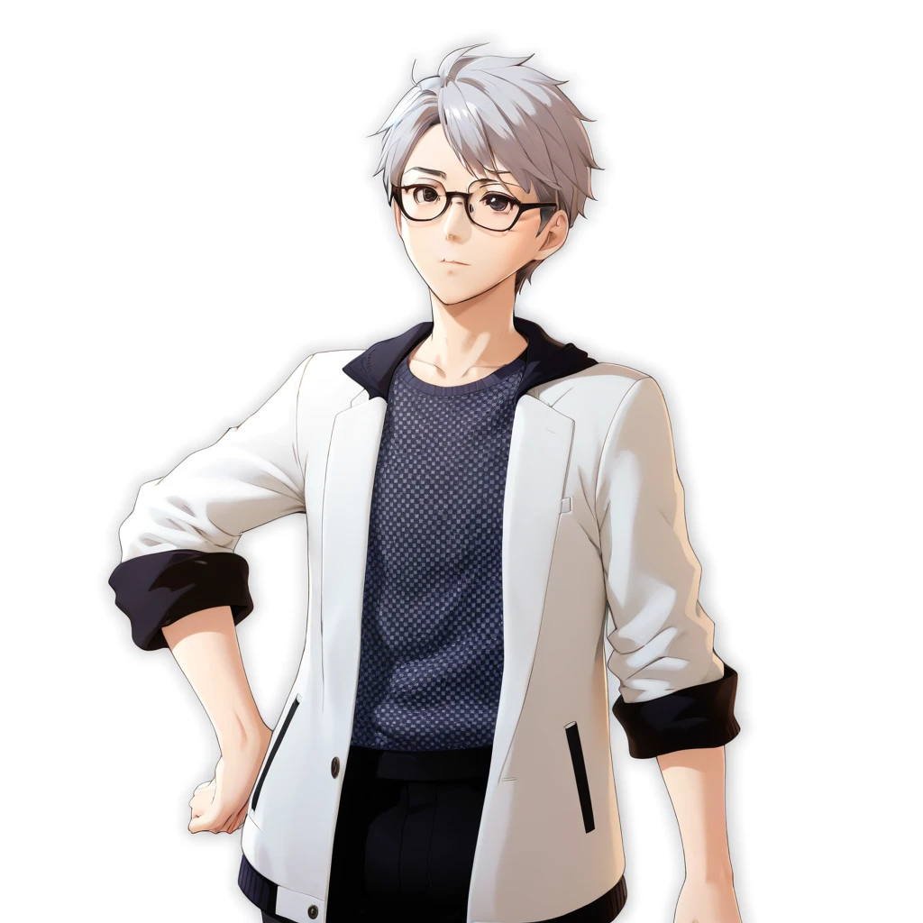 Anime-style image of a man wearing glasses and a white jacket, akihiko yoshida 8 k, Live2D Virtual Youtuber Model, akihiko yoshida!, Single character full body, toru narita, !!Full body portrait!!, Official character art, kaworu nagisa, Single character, makoto shinka, Kentaro Miura Style