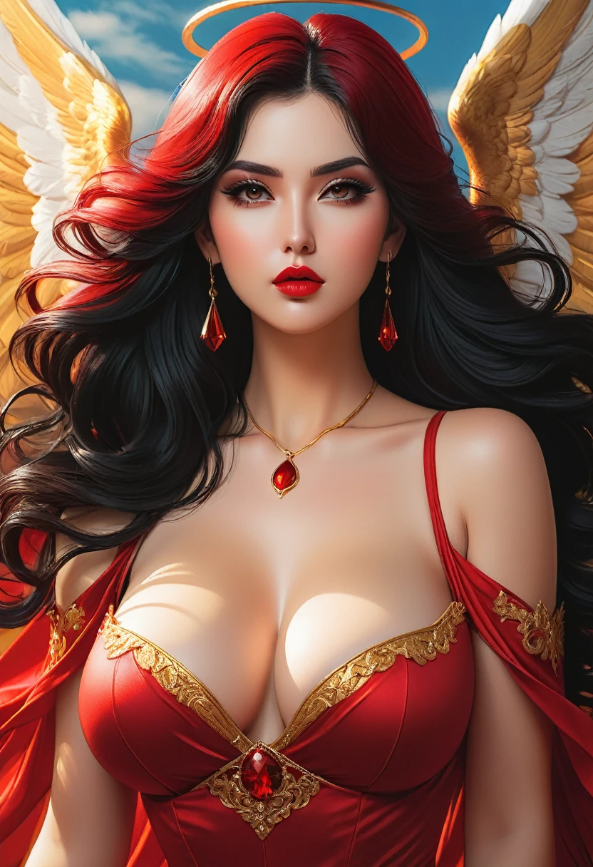 In a fascinating portrait, thick busty women, a glam-goth goddess angel her age 28, clean skin,by rubio, Red dress, diaphragm, trend on CGsociety, epic, trend on Artstation, Very detailed, Vibrant, production film character rendering, Ultra high quality model, golden ratio manhwa, manhua, mysterious background, does not produce the same pose when remixed.