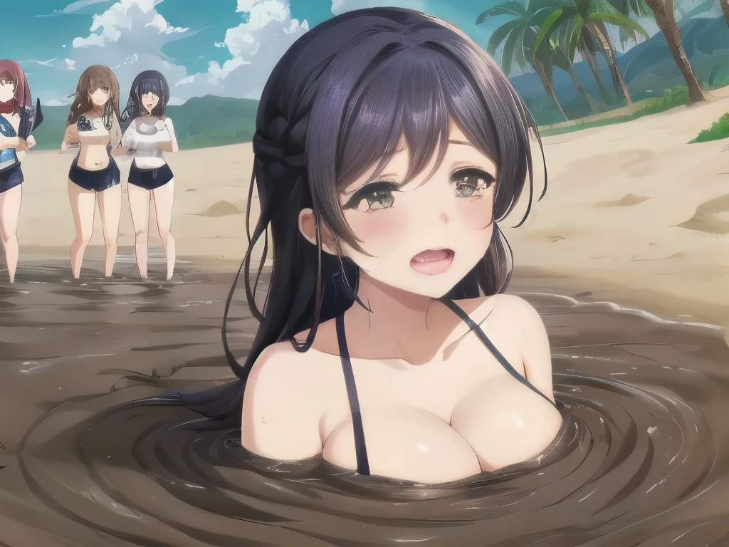 best quality, female, multiple girls, group tied up, group submerged, front view, muddy, cheerleaders, cleavage, large breasts, wasteland, desert, best quality, sinking, quicksand, 6girls, crowded, close up, sand, slender, tears, blush, drowning, waist deep, 6 girls in quicksand, top, desertscape, 6girls together, scream, struggling, 6 girls drowning, 6 girls wrapped by quicksand, aichan, klaudia valentz, toujou nozomi