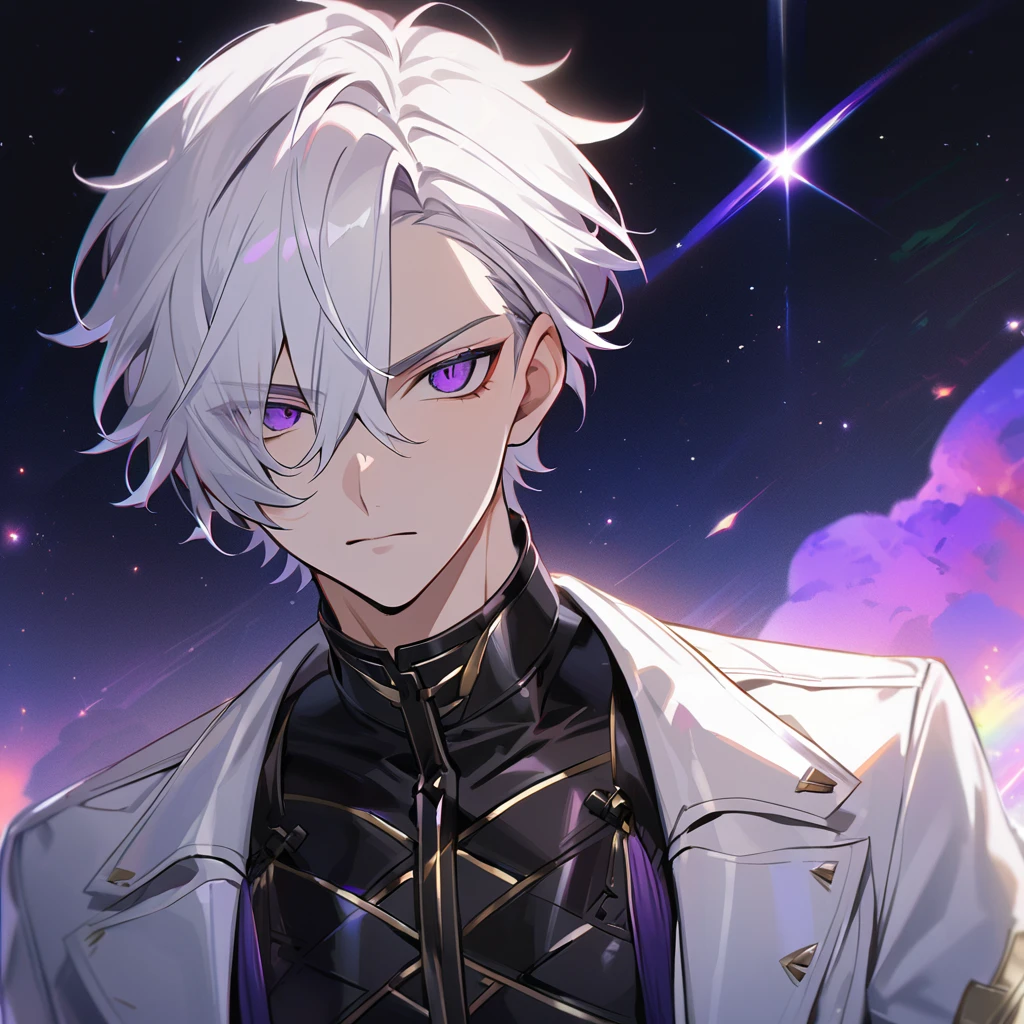 High quality, HD, 4k, no shadows, handsome male, 1male, 17 years old, teenager, golden lining, short white hair, sharp eyes, dark purple eyes, deep purple eyes, devil may cry, close up, calm expression, stoic expression, black leather clothes, white leather clothing, lean body, well trained body, upper body, looking at viewer, cowboy shot, white solar, space background