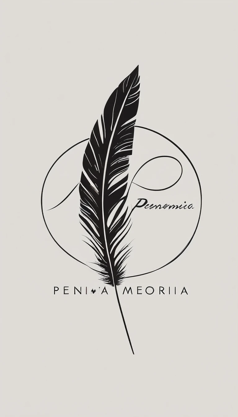 A minimal, modern, simple, cinematic logo design for the brand “Penamemoria". The logotype must be a simple, magical feather and a boy playing acoustic guitar. The logo must convey a sense of music, stories and dreams. Minimalistic logo design of a boy dissolving into a feather of dreams and memories