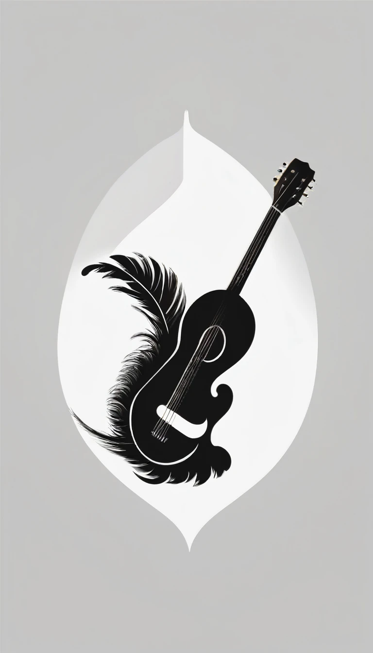A minimal, modern, simple, cinematic logo design for the brand “Penamemoria". The logotype must be a simple, magical feather and a boy playing acoustic guitar. The logo must convey a sense of music, stories and dreams. Minimalistic logo design of a boy dissolving into a feather of dreams and memories