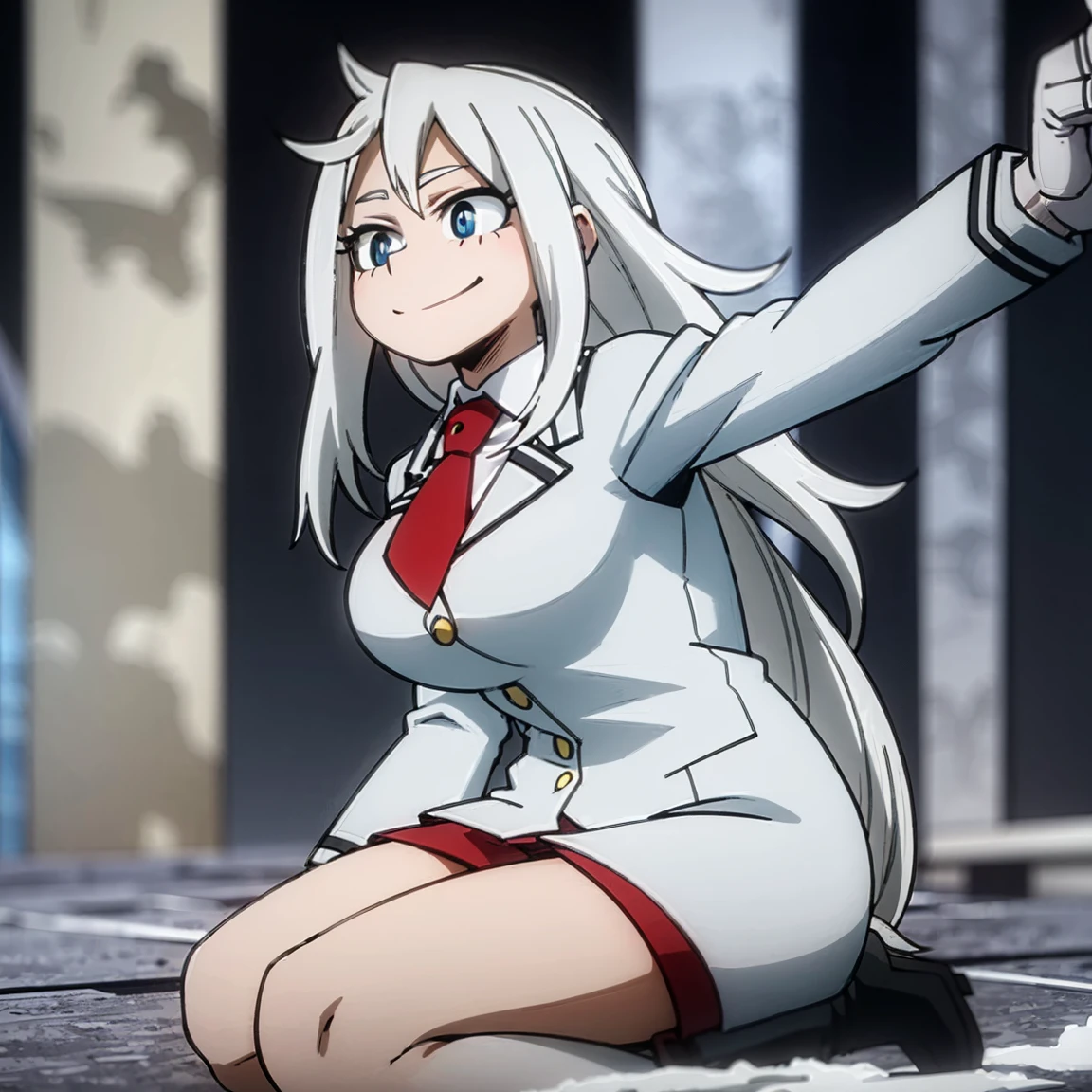 1girl, female focus, solo, big breasts, long hair, wavy hair, white hair, blue eyes, smile, gray jacket, red tie, white shirt, teal skirt, gray tights, boots, ice, snow