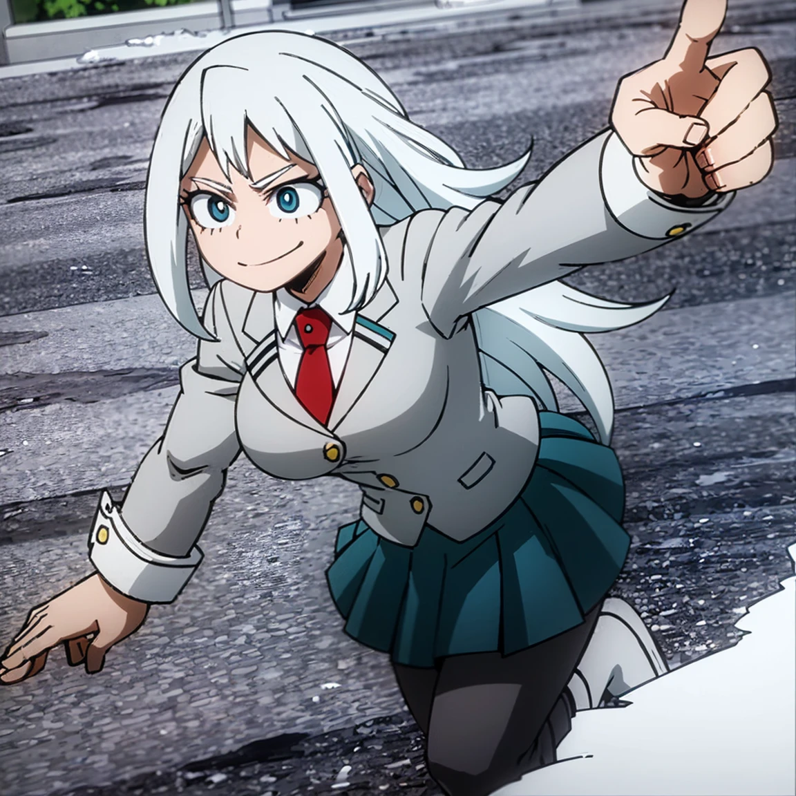 1girl, female focus, solo, big breasts, long hair, wavy hair, white hair, blue eyes, smile, gray jacket, red tie, white shirt, teal skirt, gray tights, boots, ice, snow