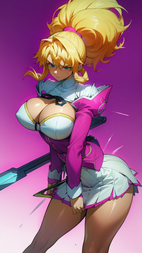 Highly detailed, anime, 1 girl, huge hairstyle, 2 toned blondie spiked hair, cyan eyes, busty, big And round buson, gorgeous plump body, magenta sattela's clothes, magenta sattela's skirt, upset face, holding weapon, Dynamic pose, action position