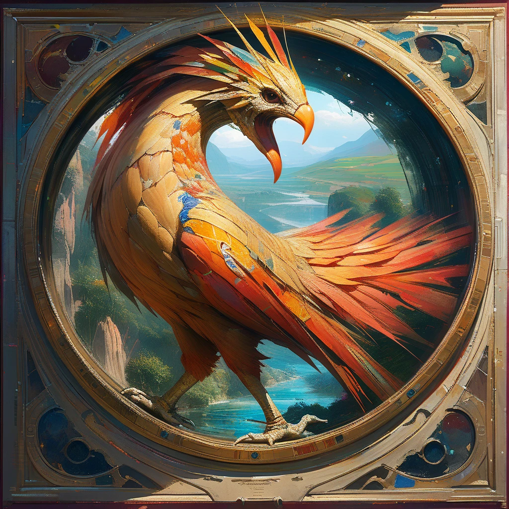 (best quality,4k,8k,highres,masterpiece:1.2),ultra-detailed,(realistic,photorealistic,photo-realistic:1.37),HDR,UHD,studio lighting,ultra-fine painting,sharp focus,physically-based rendering,extreme detail description,professional,vivid colors,bokeh, illustration of a phoenix rising from the flames in the style of the Aberdeen Bestiary, vibrant colors, simplified details, stylized and abstract flames, stylized landscape