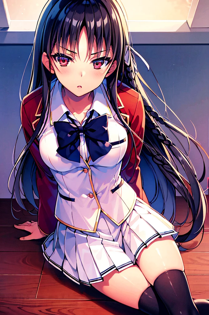 masterpiece, best quality, high resolution, best illustration, super fine illustration, (official art:0.8), anime screencap, detailed beautiful face and eyes, anime keyvisual, (perfect anatomy:1.5), 8k portrait, 
1girl,
Suzune Horikita, 
Suzune Horikita \(youjitsu\),
long hair, braid, 
black hair, 
(red eyes:1.2), slant eyes, small eyes, 
blue bow, 
medium breasts, 
(school uniform, red jacket, white skirt, pleated skirt, black thigh-high socks),
looking at viewer, 
cowboy shot, 
perfect light, background of indoors, lie on the bed, spread legs, nsfw, 