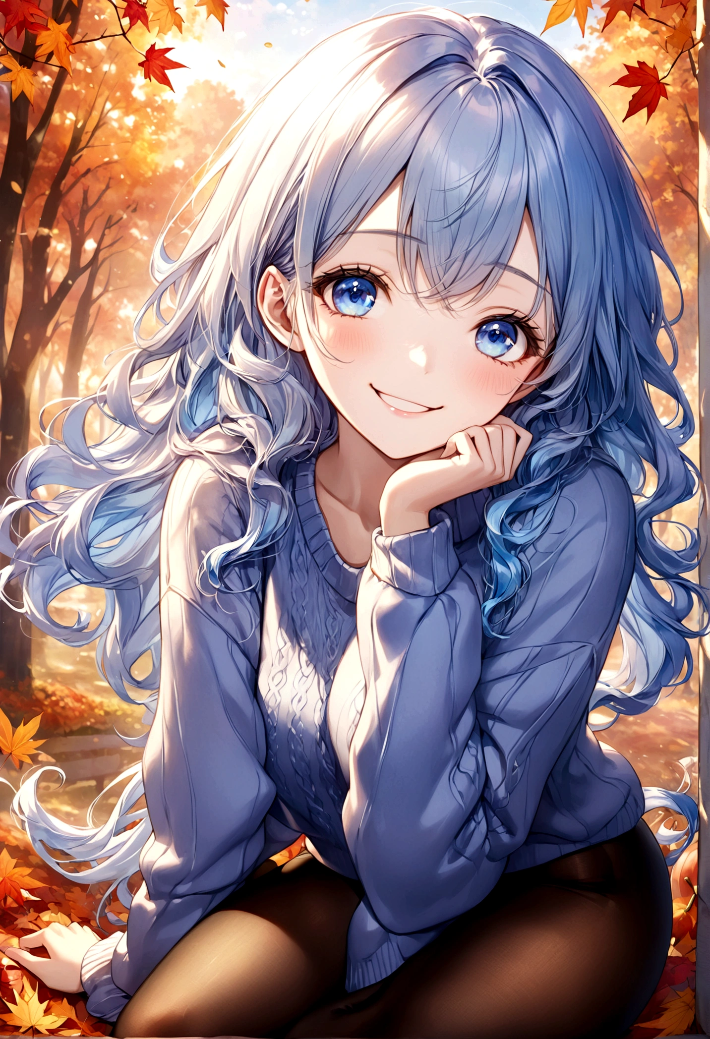 ((top-quality)), ((masterpiece)), ((ultra-detailliert)), (extremely delicate and beautiful), beautiful woman, bright light blue hair, long wavy hair, sapphire blue eyes, cozy sweater, sheer black pantyhose, sweet smile, relaxed expression, fair complexion, autumn background