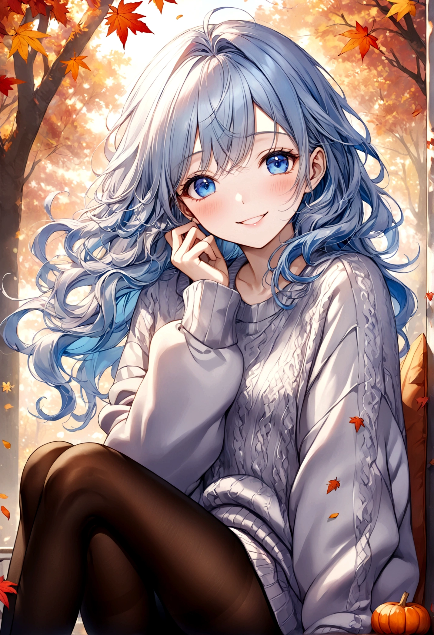 ((top-quality)), ((masterpiece)), ((ultra-detailliert)), (extremely delicate and beautiful), beautiful woman, bright light blue hair, long wavy hair, sapphire blue eyes, cozy sweater, sheer black pantyhose, sweet smile, relaxed expression, fair complexion, autumn background