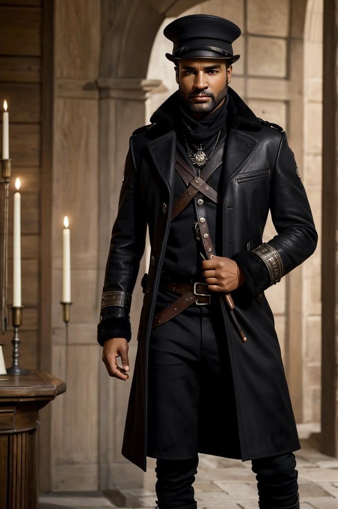 Cedric a une allure imposante avec ses cheveux longs noirs et son chapeau de capitaine orné de plumes. Il porte un manteau en cuir noir avec des décorations dorées et un cache-œil sur son œil droit.