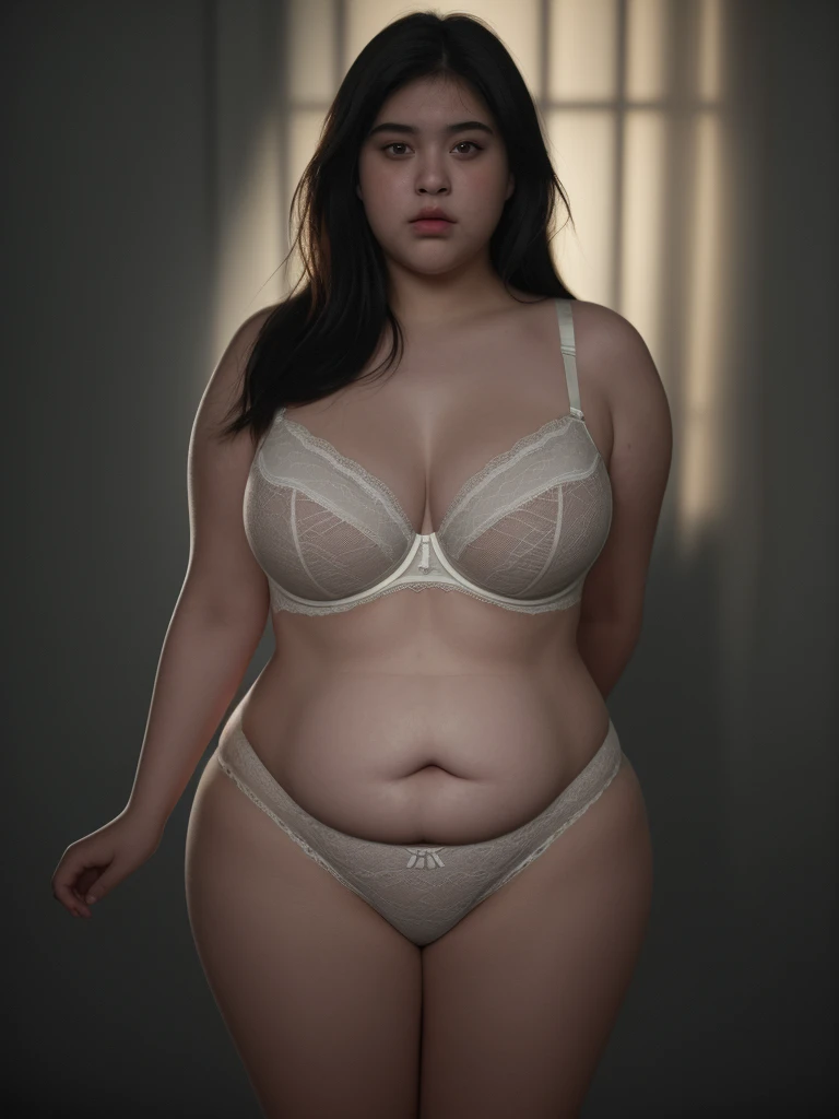 a very fat kid girl, extremely obese , big body, panties, bra, full body, (best quality,4k,8k,highres,masterpiece:1.2),ultra-detailed,(realistic,photorealistic,photo-realistic:1.37),HDR,UHD,studio lighting,ultra-fine painting,sharp focus,physically-based rendering,extreme detail description,professional,vivid colors,bokeh,dark,moody,cinematic lighting