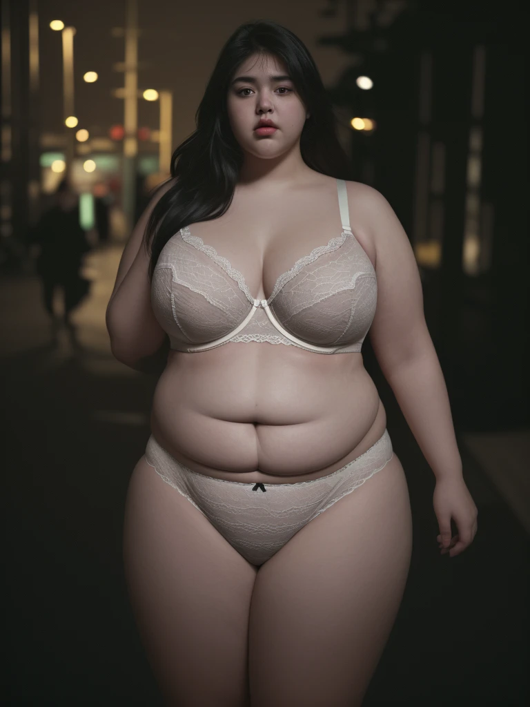 a very fat  girl, extremely obese , big body, panties, bra, full body, (best quality,4k,8k,highres,masterpiece:1.2),ultra-detailed,(realistic,photorealistic,photo-realistic:1.37),HDR,UHD,studio lighting,ultra-fine painting,sharp focus,physically-based rendering,extreme detail description,professional,vivid colors,bokeh,dark,moody,cinematic lighting