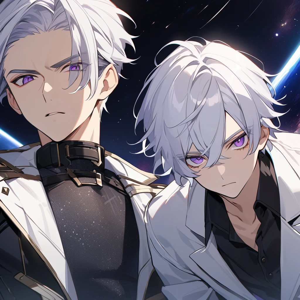 High quality, HD, 4k, no shadows, handsome male, 1male, 17 years old, teenager, golden lining, short white hair, sharp eyes, dark purple eyes, deep purple eyes, devil may cry, close up, calm expression, stoic expression, black leather clothes, white leather clothing, lean body, well trained body, upper body, looking at viewer, cowboy shot, white solar, space background