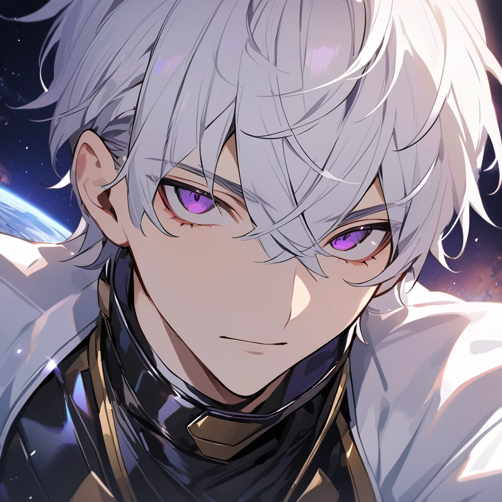 High quality, HD, 4k, no shadows, handsome male, 1male, 17 years old, teenager, golden lining, short white hair, sharp eyes, dark purple eyes, deep purple eyes, devil may cry, close up, calm expression, stoic expression, black leather clothes, white leather clothing, lean body, well trained body, upper body, looking at viewer, cowboy shot, white solar, space background