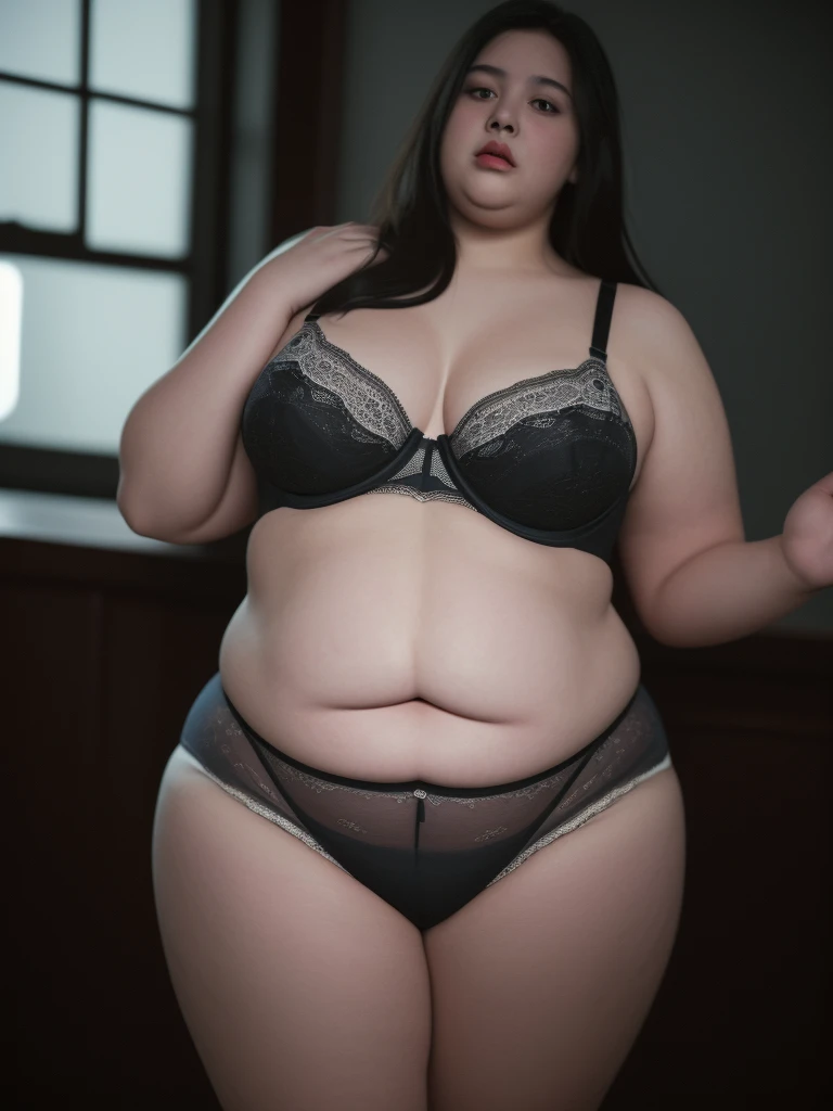 a very fat girl, extremely obese , big body, panties, bra, full body, (best quality,4k,8k,highres,masterpiece:1.2),ultra-detailed,(realistic,photorealistic,photo-realistic:1.37),HDR,UHD,studio lighting,ultra-fine painting,sharp focus,physically-based rendering,extreme detail description,professional,vivid colors,bokeh,dark,moody,cinematic lighting